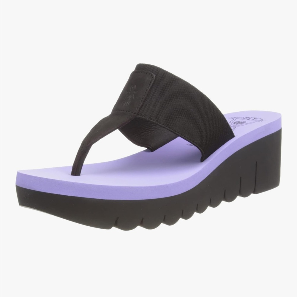 Fly London Women’s Black and Violet Yomu Platform Wedge Flip-flop Size 37